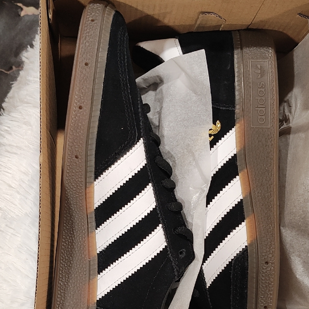 Adidas Men's Black and White Sneakers with Brown Sole
